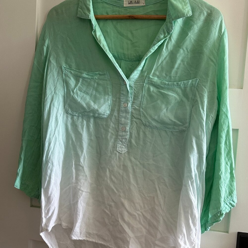 Bella Dahl Dip Dye Green to White Collared 3/4 Button Down Blouse M L Made in US